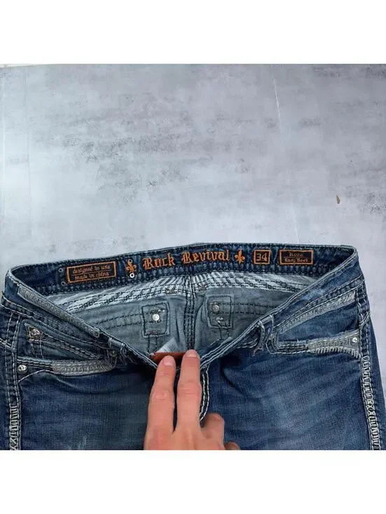 Y2K Blue Rock Revival Grunge Roza Easy Bootcut Denim Jeans - Picture 5 of 8